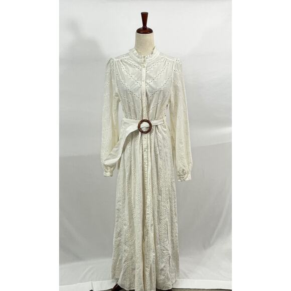 SEZANE Sz 40 8 Ecru Havane Eyelet Belted Maxi Shirt Dress - Picture 7 of 11